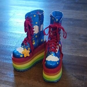 Dolls Kill Care Bear Blue Glitter Boots with Rainbow Sole Size 7